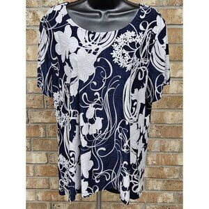 JM Collection Navy Blue White Floral Short Sleeve Strechy Tropical Print Blouse
